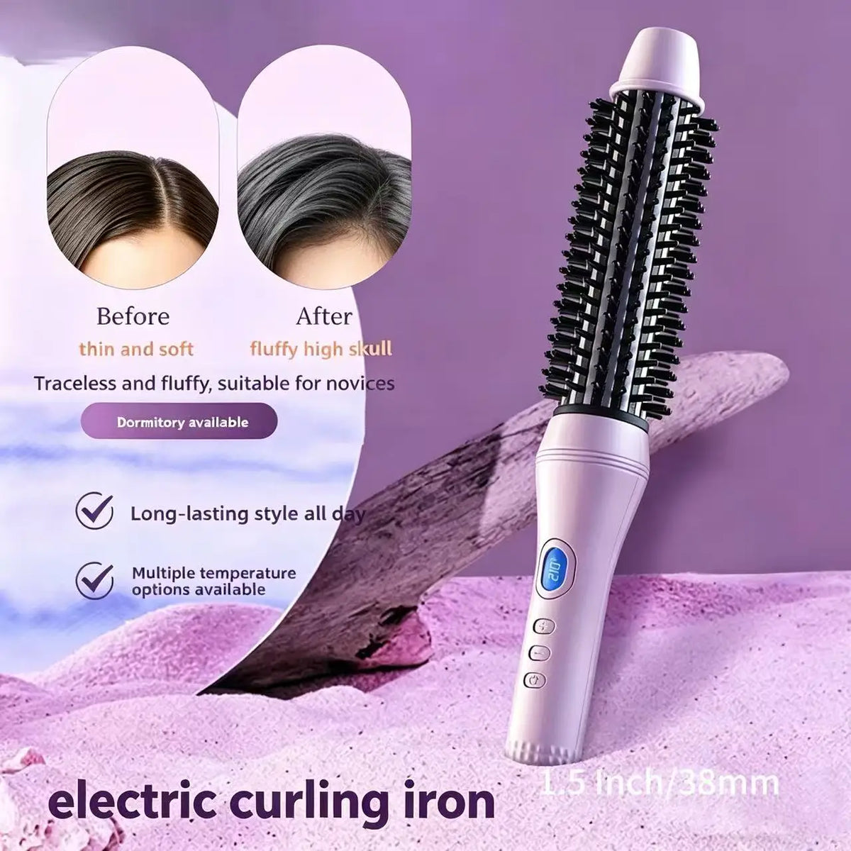 A pink electric curling iron brush is shown with before and after results demonstrating fluffy hair curls.