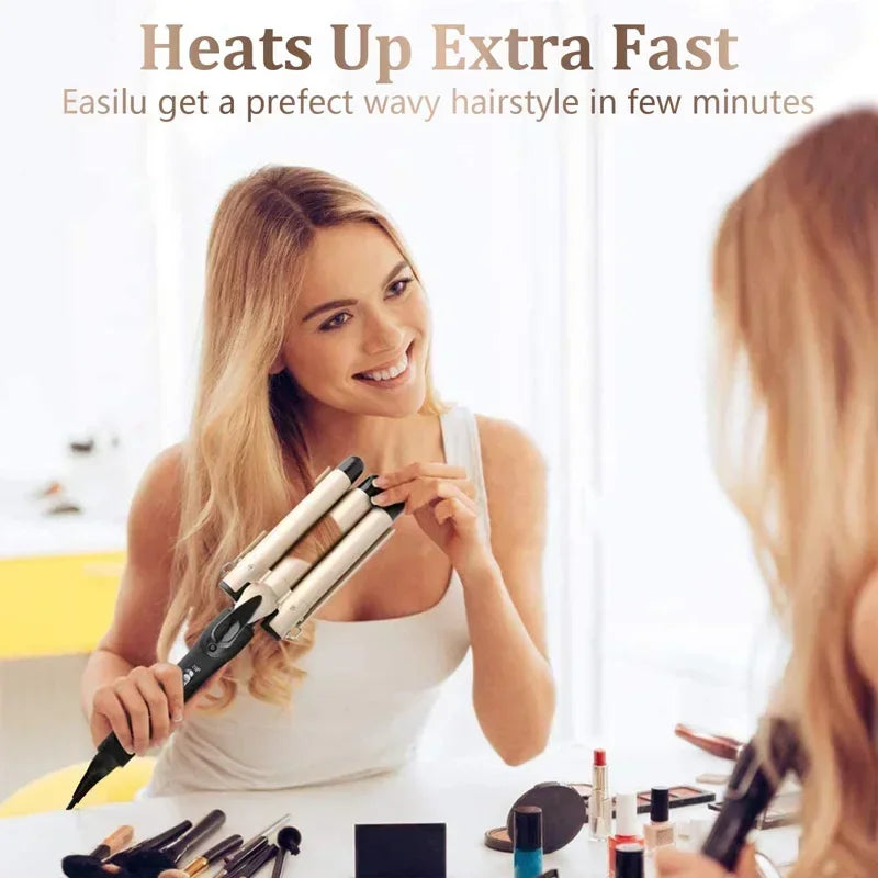 A woman uses a professional triple barrel ceramic hair curling iron to style wavy hair.