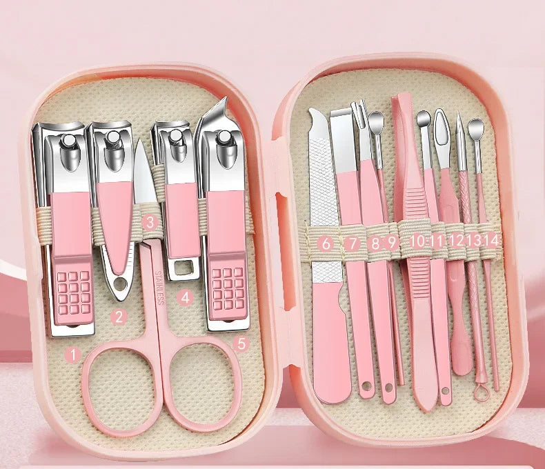 A pink storage case holds a stainless steel nail clipper set with various precision tools and scissors.
