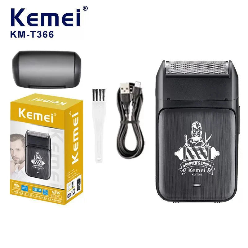 A black Kemei KM-T366 electric beard shaver and trimmer with a charging cable and grooming kit.