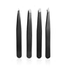 A set of professional stainless steel tweezers with pointed tips displayed against a white background.