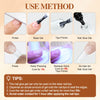 Instructions showing how to use strong solid gel nail glue for press-on nails including polishing, priming, pressing, and cur