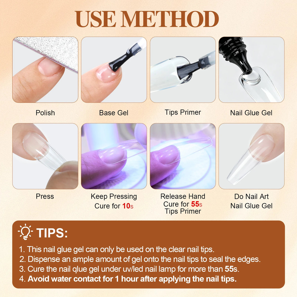 Instructions showing how to use strong solid gel nail glue for press-on nails including polishing, priming, pressing, and cur