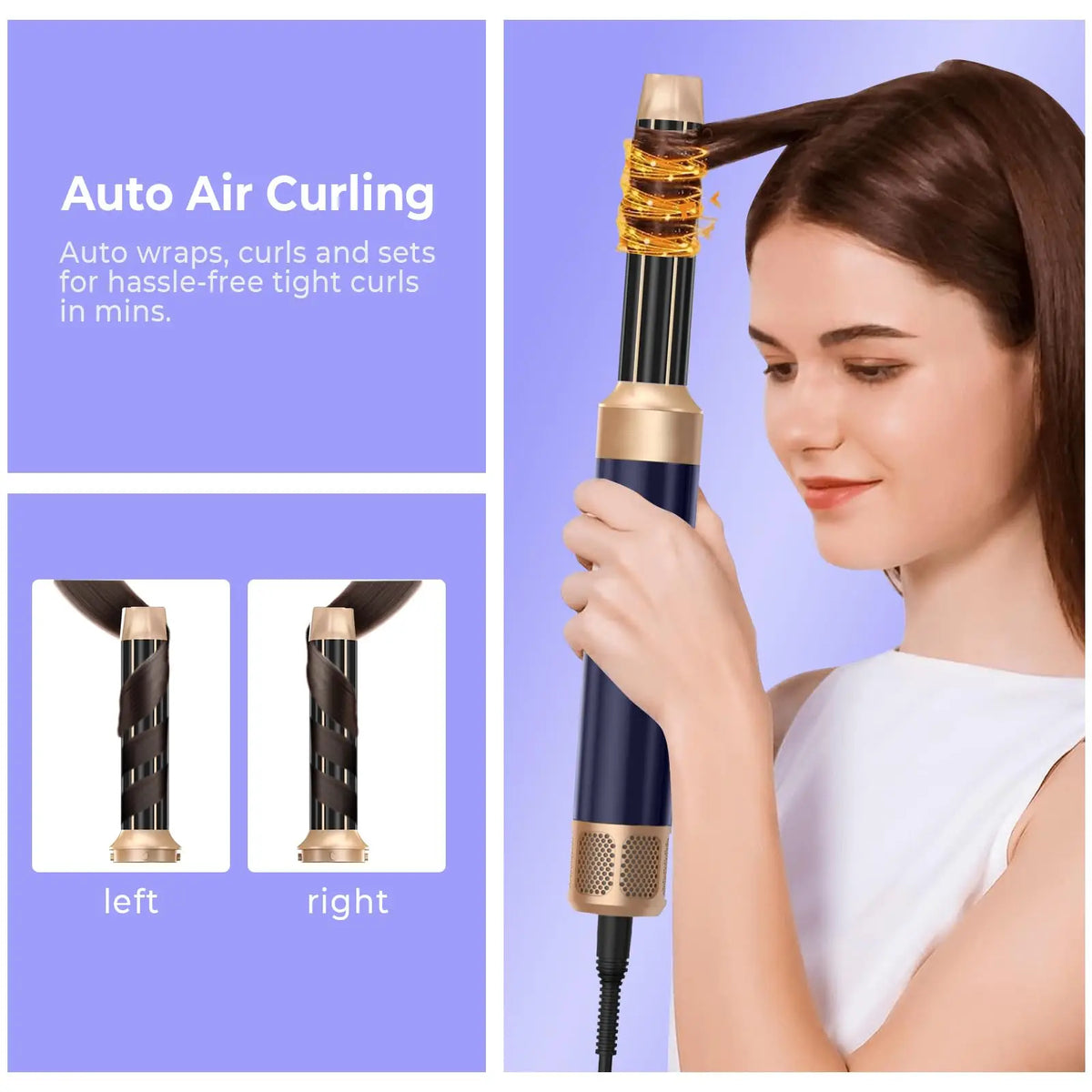 A woman is using a black hair curling iron on her hair, demonstrating the auto air curling function.
