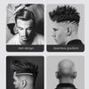 Collage verschiedener professioneller Frisuren wie Haarschnitte, sanfte Verläufe und kurz geschnittene weiße Haare
