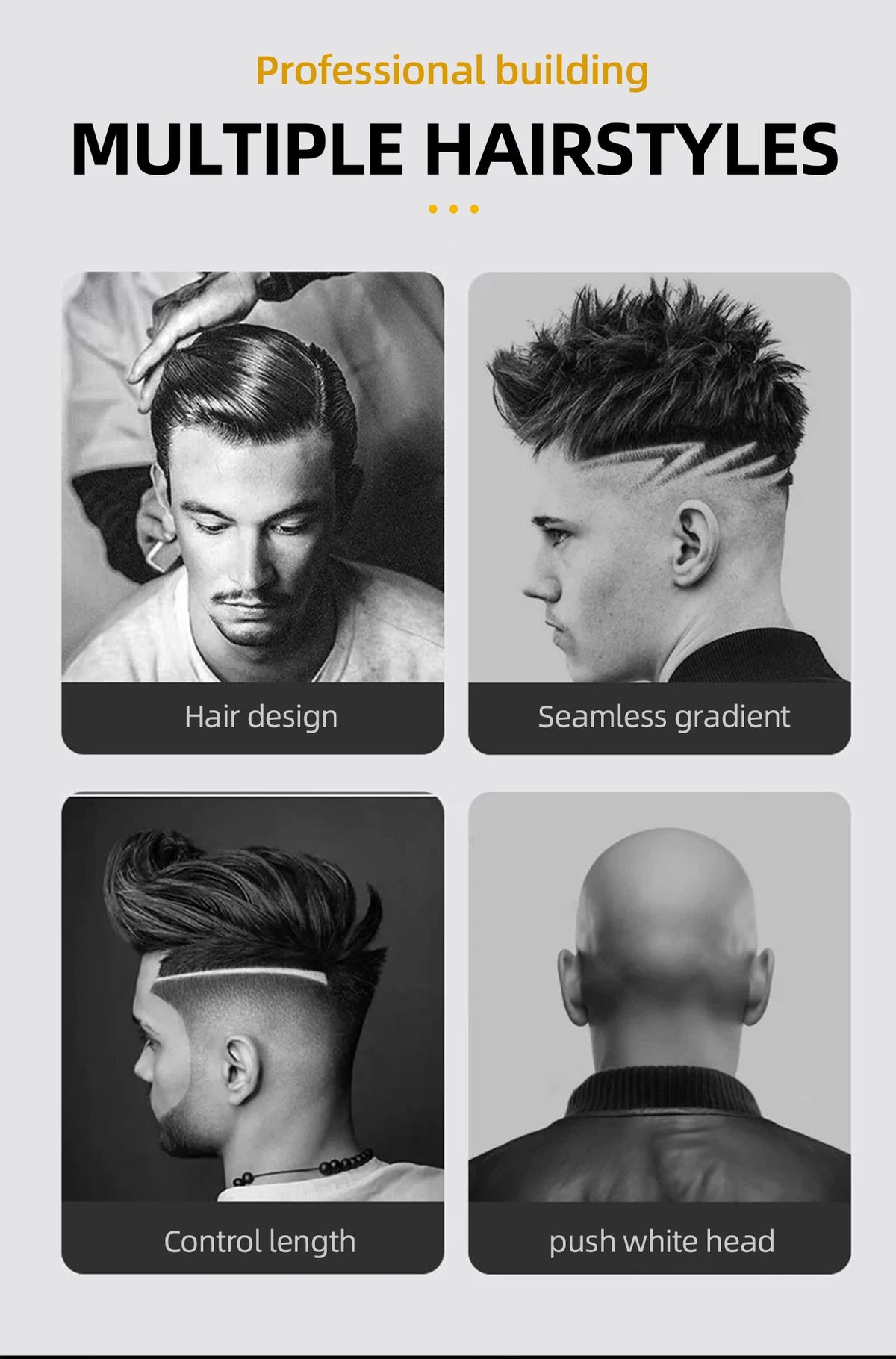 Collage verschiedener professioneller Frisuren wie Haarschnitte, sanfte Verläufe und kurz geschnittene weiße Haare