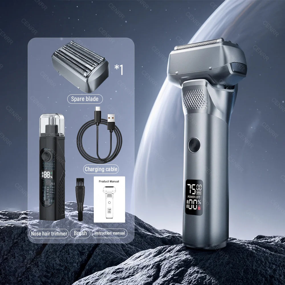 A silver portable electric shaver for men is shown against a dark, snowy background with spare blades and accessories.