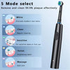 A black rotary rechargeable electric toothbrush with five selectable modes shown next to illustrations of different cleaning 