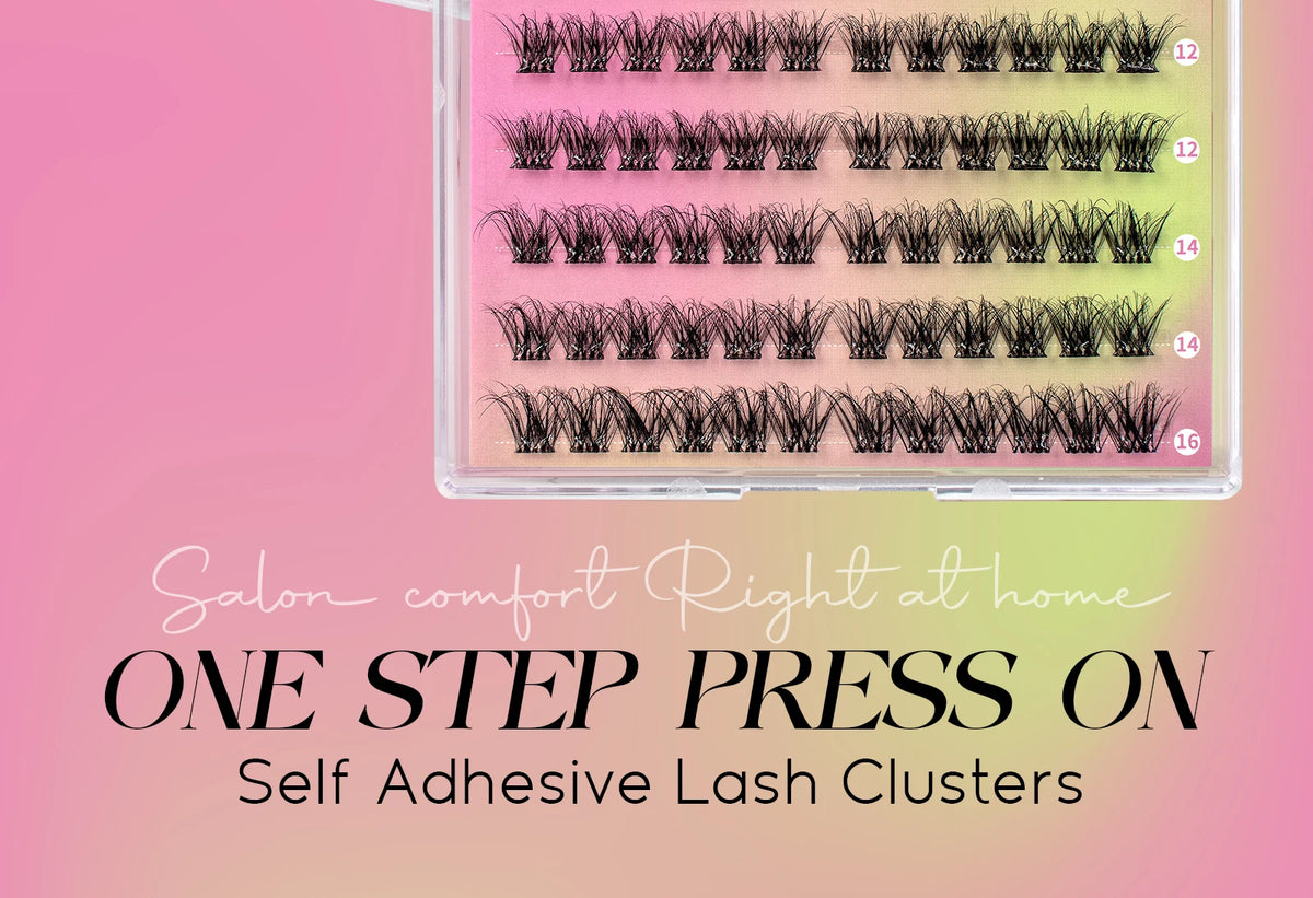 A clear plastic container holds various clusters of black false eyelashes for DIY lash extensions.
