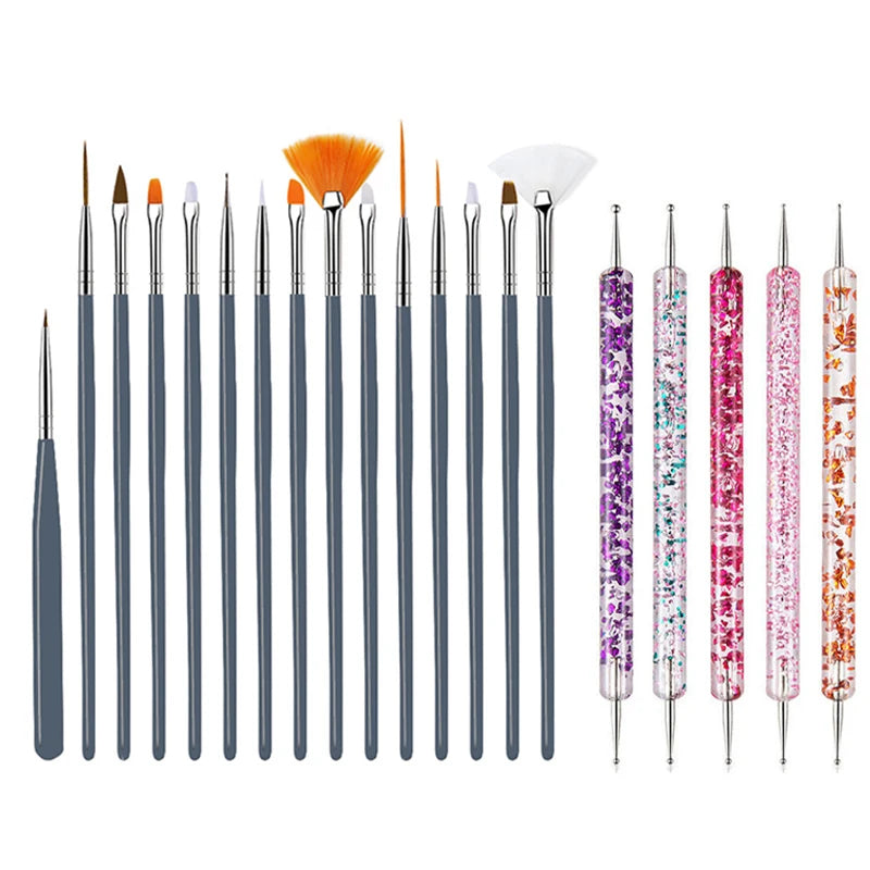 A set of precision nail art brushes featuring various sizes and shapes with colorful bristles.