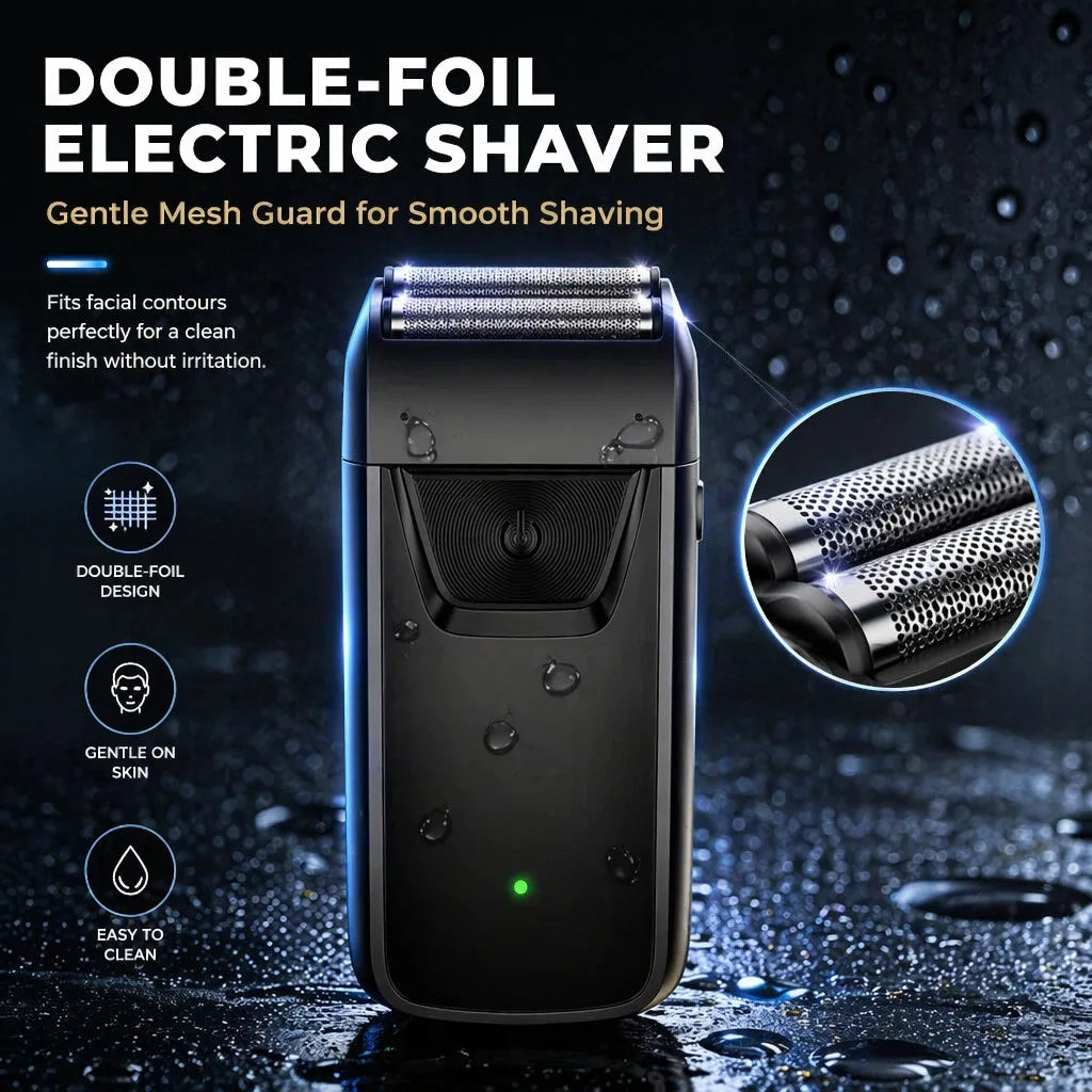 A black double-foil electric shaver is shown against a dark, wet background with glowing blue accents.