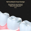 A close-up of a white tooth model showing the bent design of a tail toothpick head for cleaning.