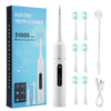 A box and various attachments for an electric tooth cleaner toothbrush in white and teal colors.