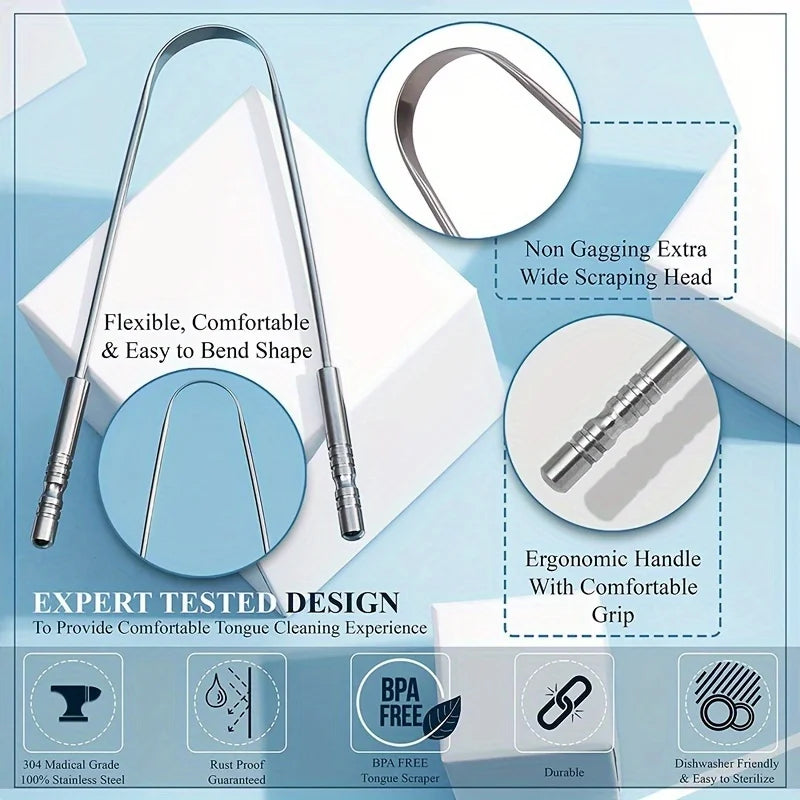 Stainless steel tongue scraper set featuring a flexible handle and scraping head for oral hygiene