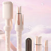 A set of automatic rotating ceramic hair curling irons in a pale pink color, showing both curly and straight styles.