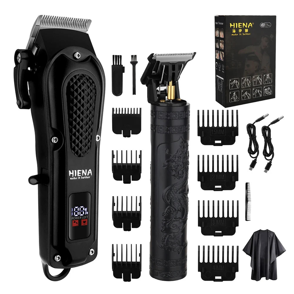 A black professional cordless hair trimmer set showing various attachments and the main unit.