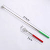 A telescoping stainless steel back massager with a green handle and red grip, shown against a white background.