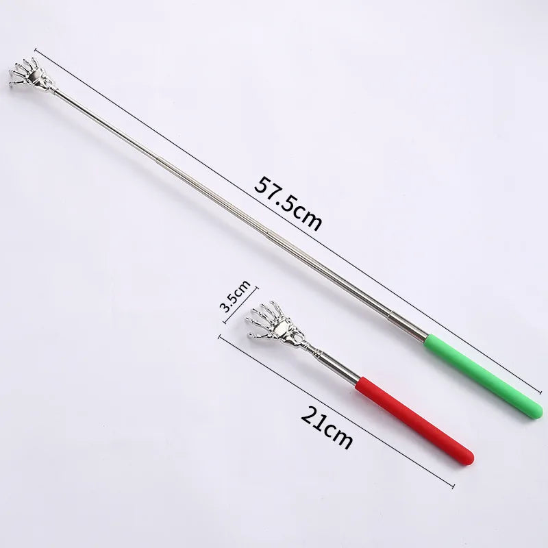 A telescoping stainless steel back massager with a green handle and red grip, shown against a white background.