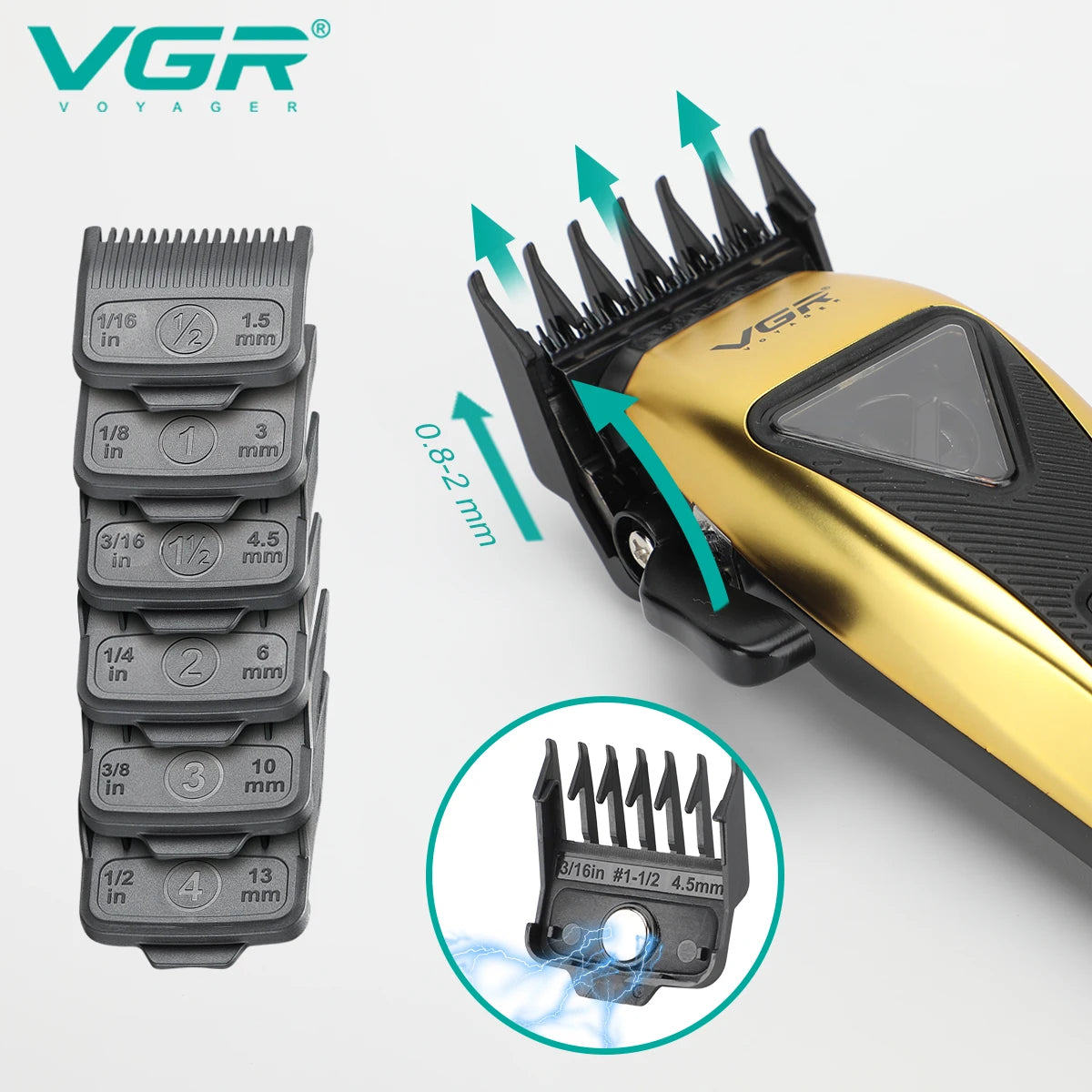 A VGR Voyager rotary hair clipper with various guard attachments shown alongside a close-up of the cutting head.