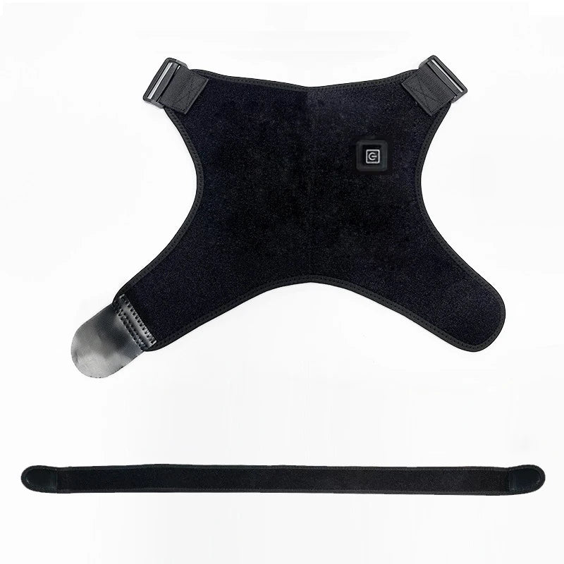 Black USB heated shoulder massage belt with a separate strap shown in various views.
