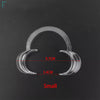Clear dental cheek and lip retractor set with measurements indicating small size