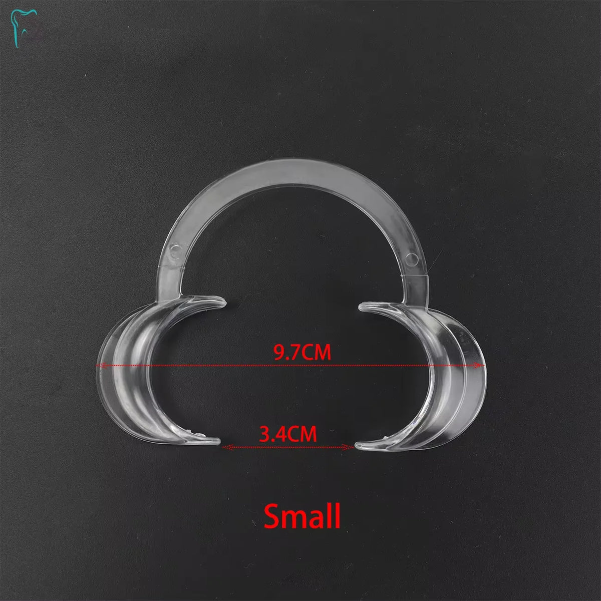 Clear dental cheek and lip retractor set with measurements indicating small size
