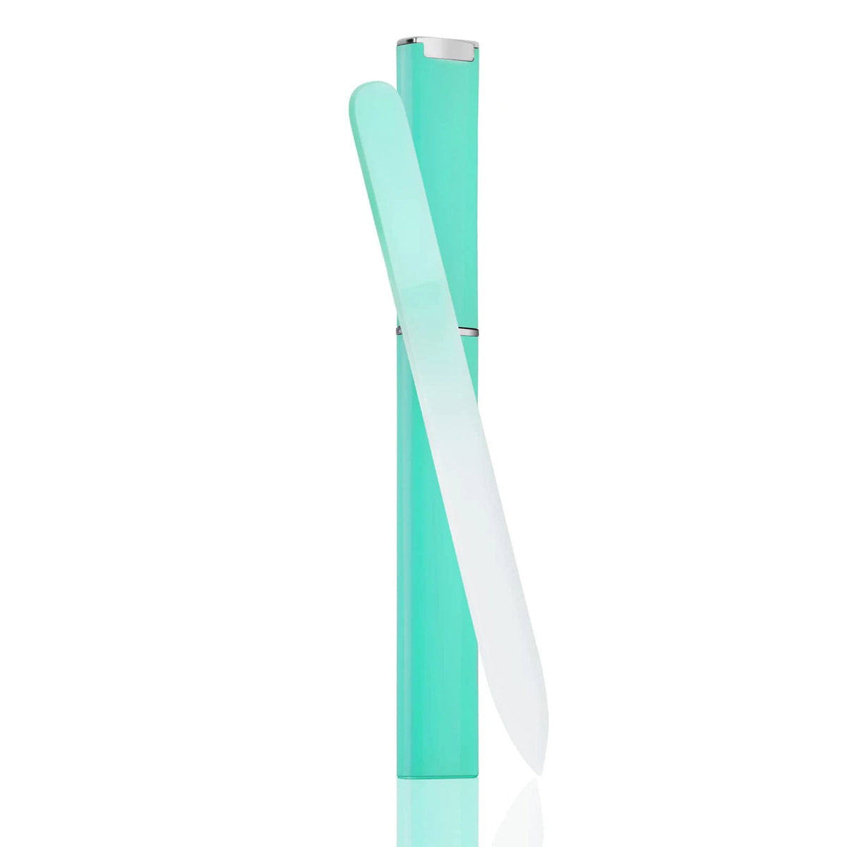 A set of double-sided etched glass nail files, featuring a clear green handle and a translucent white blade.
