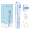 A blue dual-head shaver is shown with its components and charging cable.