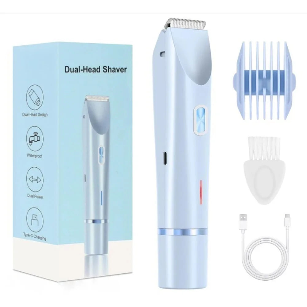 A blue dual-head electric shaver shown with its packaging and accessories.