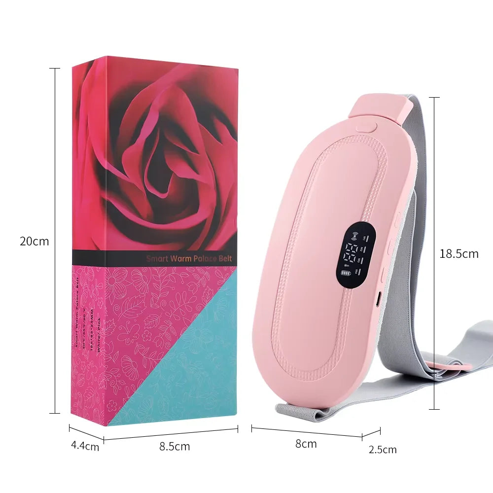 Pinkes elektrisches Menstruationswärmerband mit Verpackung und Maßen.