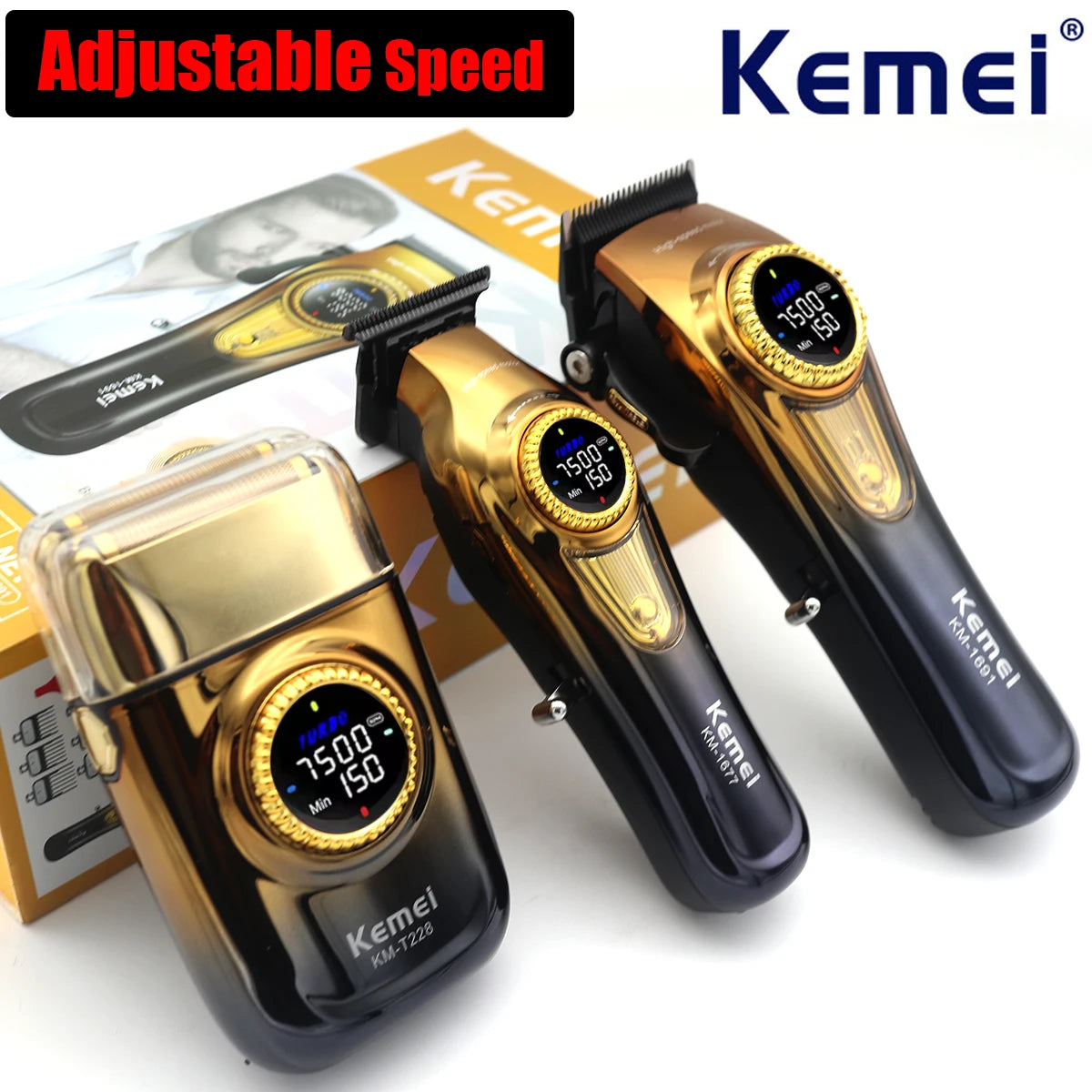 A set of black and gold Kemei adjustable speed cordless hair clippers shown with packaging.