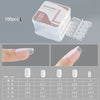 A set of 100 matte finish false gel nail tips is shown in a clear container and individual samples on a finger.