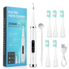 A set of white electric toothbrushes and a cleaning tool are displayed next to their packaging.