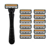 A black manual razor with multiple replaceable heads, featuring orange accents.