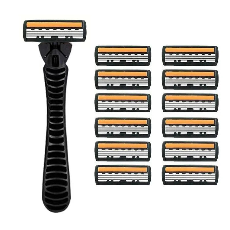 A black manual razor with multiple replaceable heads, featuring orange accents.