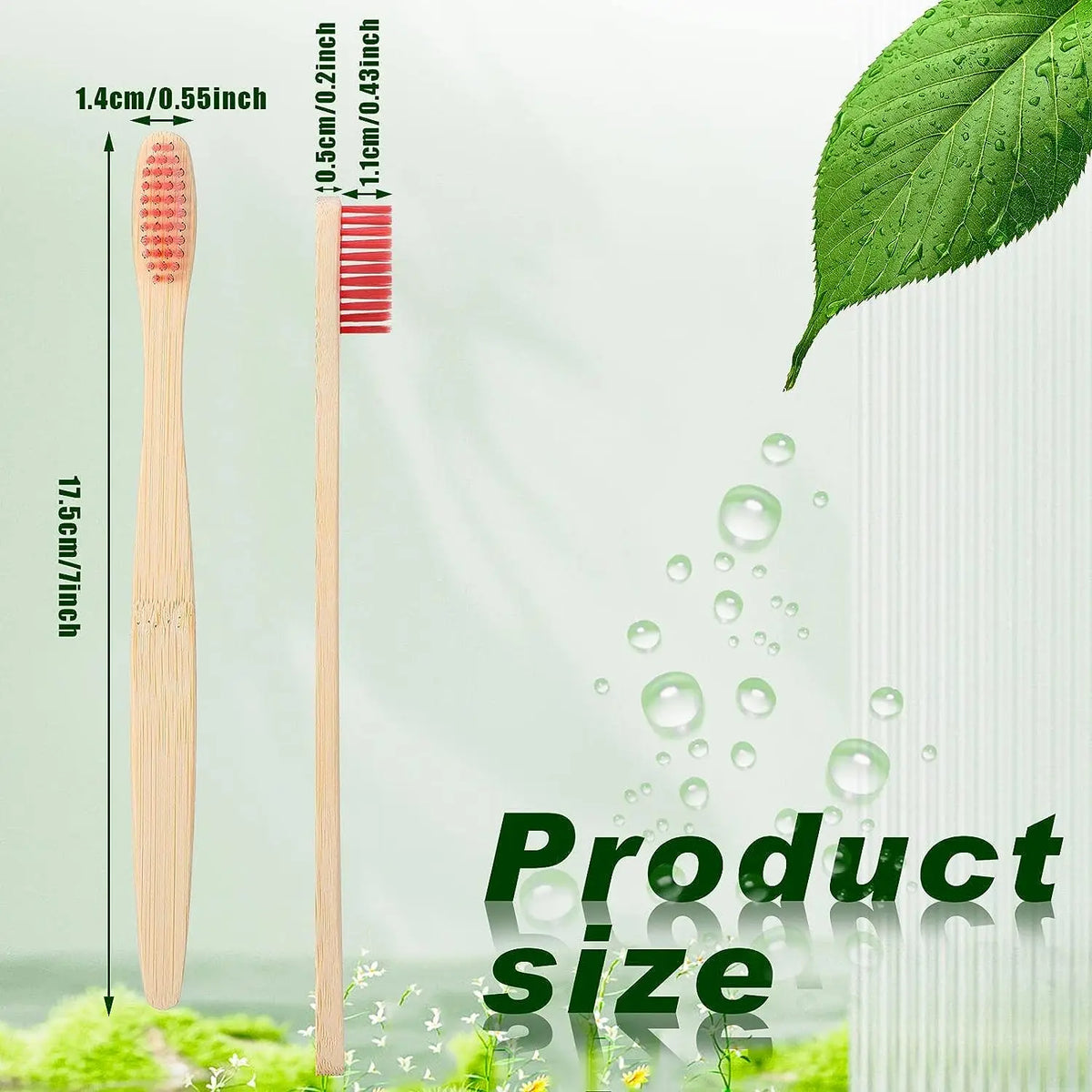A wooden bamboo toothbrush and a red toothbrush are shown next to water droplets on a green surface.