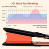 A close-up view of a black ceramic hair straightening iron with an orange heating element, illustrating its 30s ultra-fast he