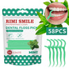 Pack of 58 mint flavored dental floss picks with a green portable case and a model demonstrating use