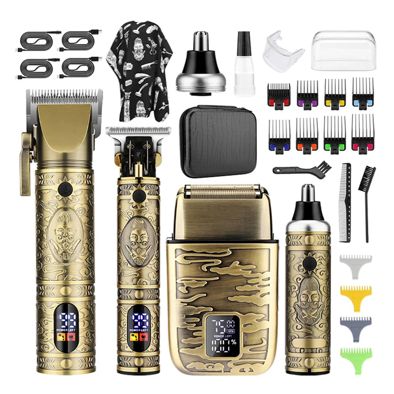 A collection of multi-function electric grooming tools in gold and black, including trimmers, clippers, and combs.