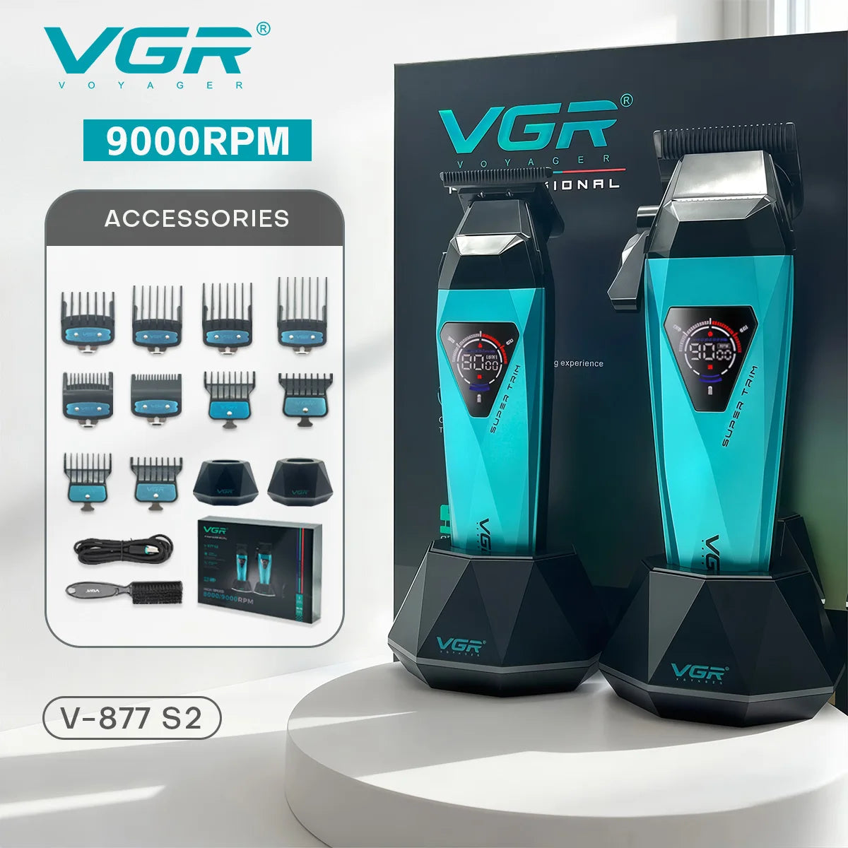A VGR Voyager professional electric hair trimmer in teal and black is shown with various accessories.