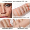 Demonstration of waterproof and makeup removal test showing eyeshadow stick application and removal on skin.