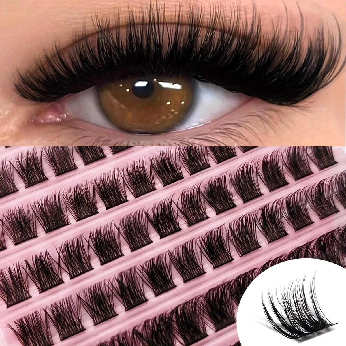 Close-up of black eyelash clusters for natural look application on an eye.