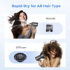 A woman is using a professional high-speed ionic hair dryer with a nozzle and diffuser attachments to dry her hair.