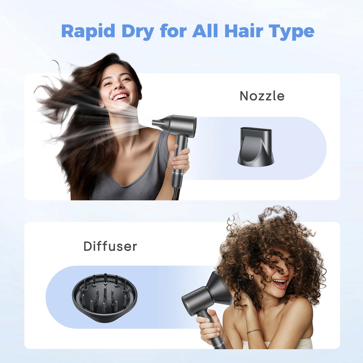 A woman is using a professional high-speed ionic hair dryer with a nozzle and diffuser attachments to dry her hair.