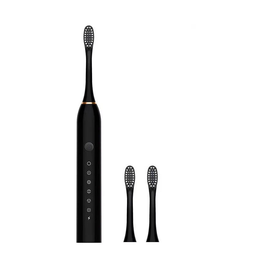 A black sonic electric toothbrush with a textured head shown in various orientations.