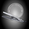 A white professional steam hair straightener is shown against a dark background with a circular timer graphic.