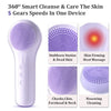 A white sonic facial cleansing brush with five different silicone brush heads for various skin treatments.