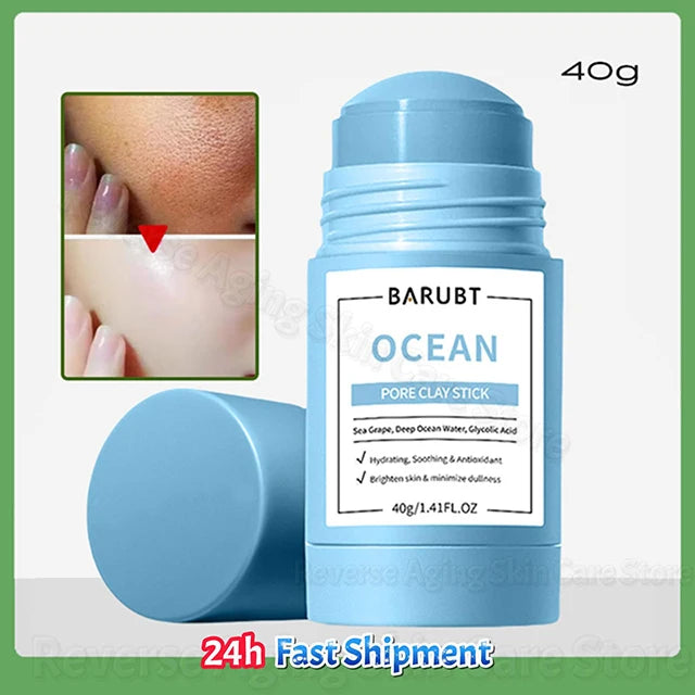A light blue tube of Barubt Ocean Pore Clay Stick with a round applicator and a close-up of skin texture.