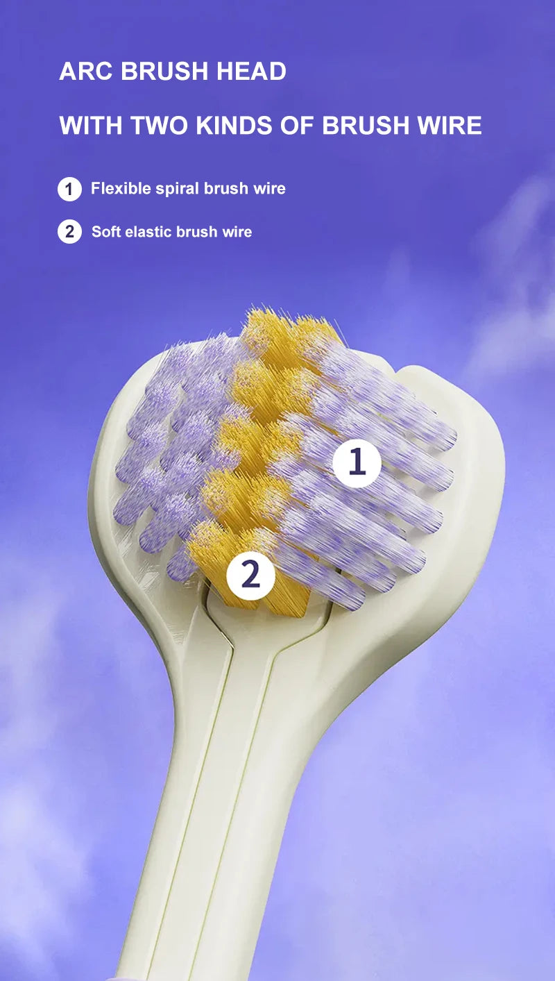 Tête de brosse inclinée avec deux types de fils : spirale flexible et élastique doux.