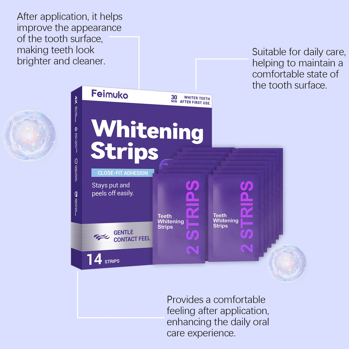 Box of Feimuko Whitening Strips showing purple strips and instructions for teeth whitening